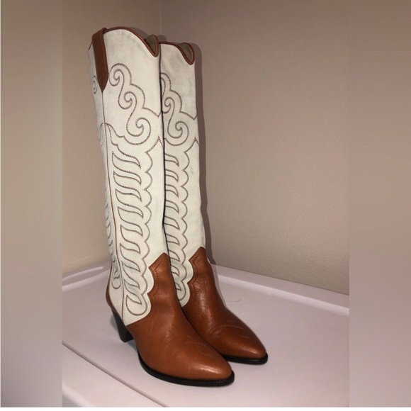 Isabel Marant Liela 60mm chalk/cognac tall western boots 37=7 - Picture 3 of 8